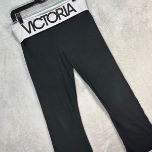 Victoria Sport Women's Foldover Yoga Pants Black White Waistband Logo Sz M Short